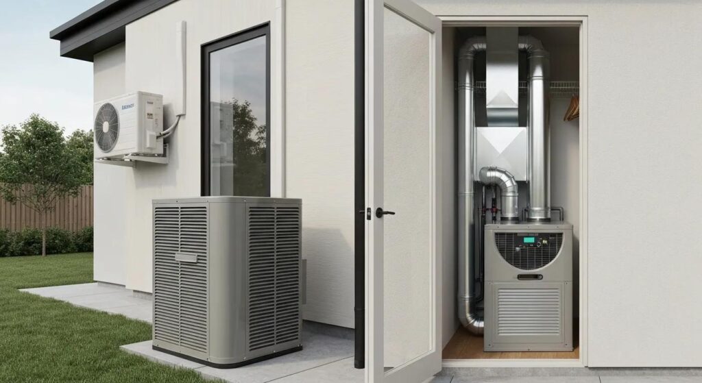 Modern HVAC system in a residential setting, highlighting air conditioning and furnace units