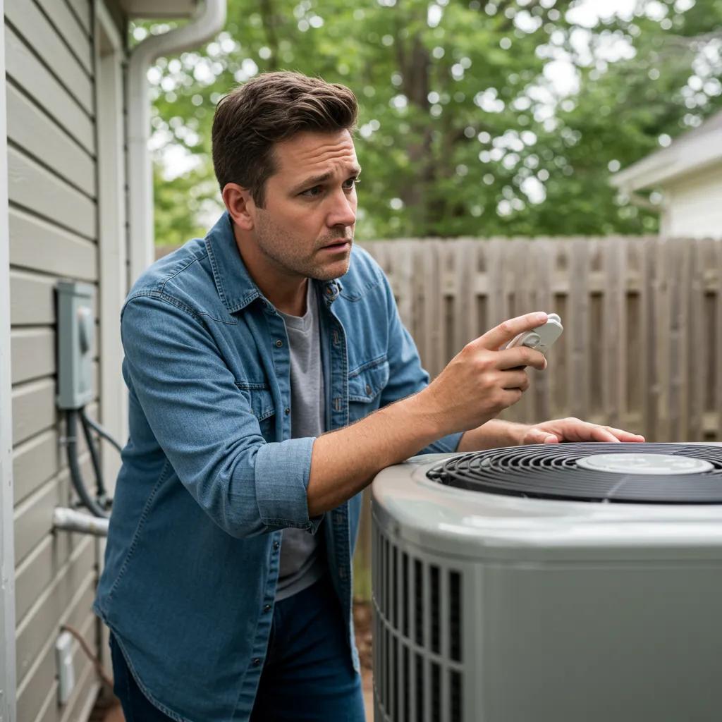 Homeowner inspecting air conditioning unit, showing concern over cooling issues