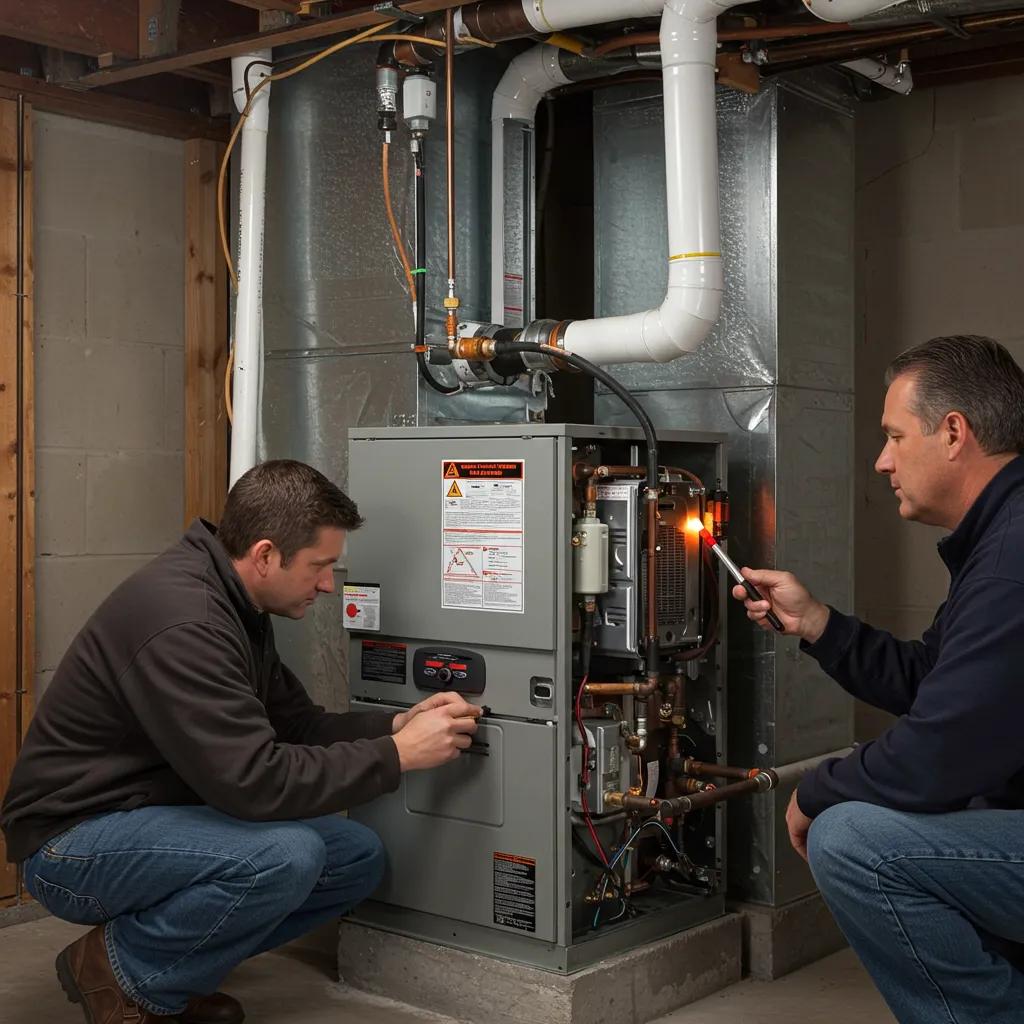 Technician examining a furnace for heating issues, focusing on pilot light and components