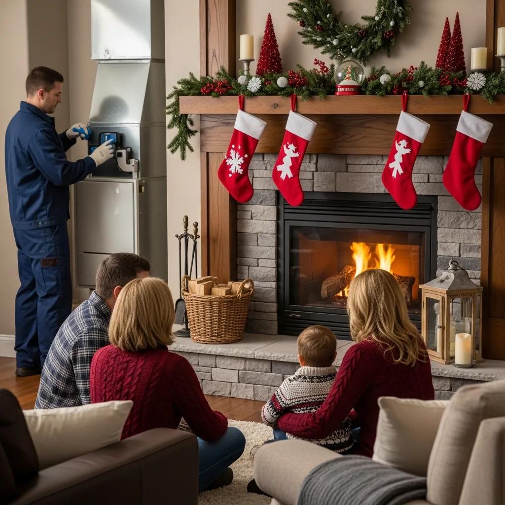 HVAC Blog 1 Family enjoying warmth in a cozy living room while a technician inspects a furnace