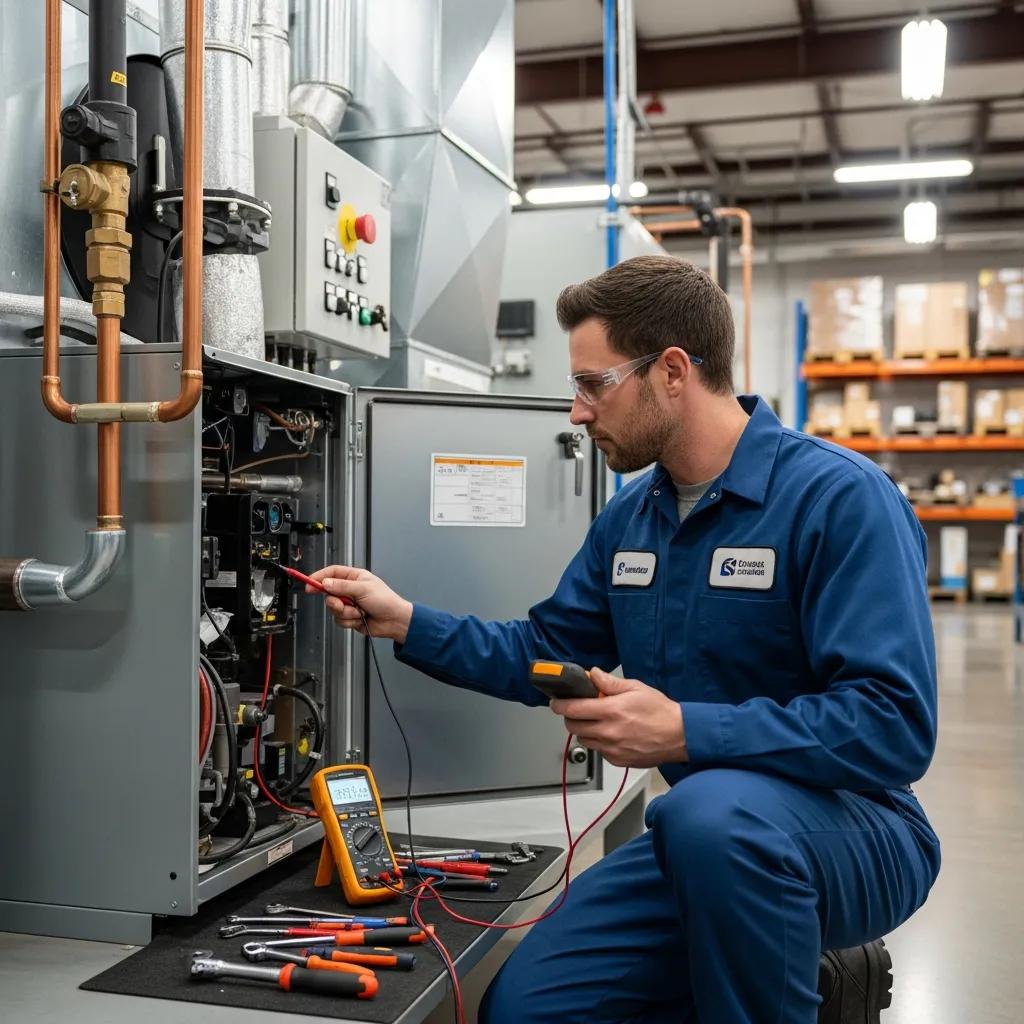 Commercial Heating System Repair Services 1 Technician inspecting a commercial heating system, emphasizing HVAC expertise and service reliability