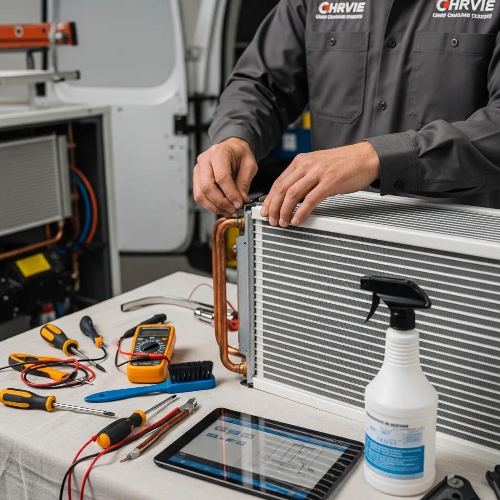 Commercial Heating System Repair Services 2 Technician cleaning an evaporator coil to improve system efficiency