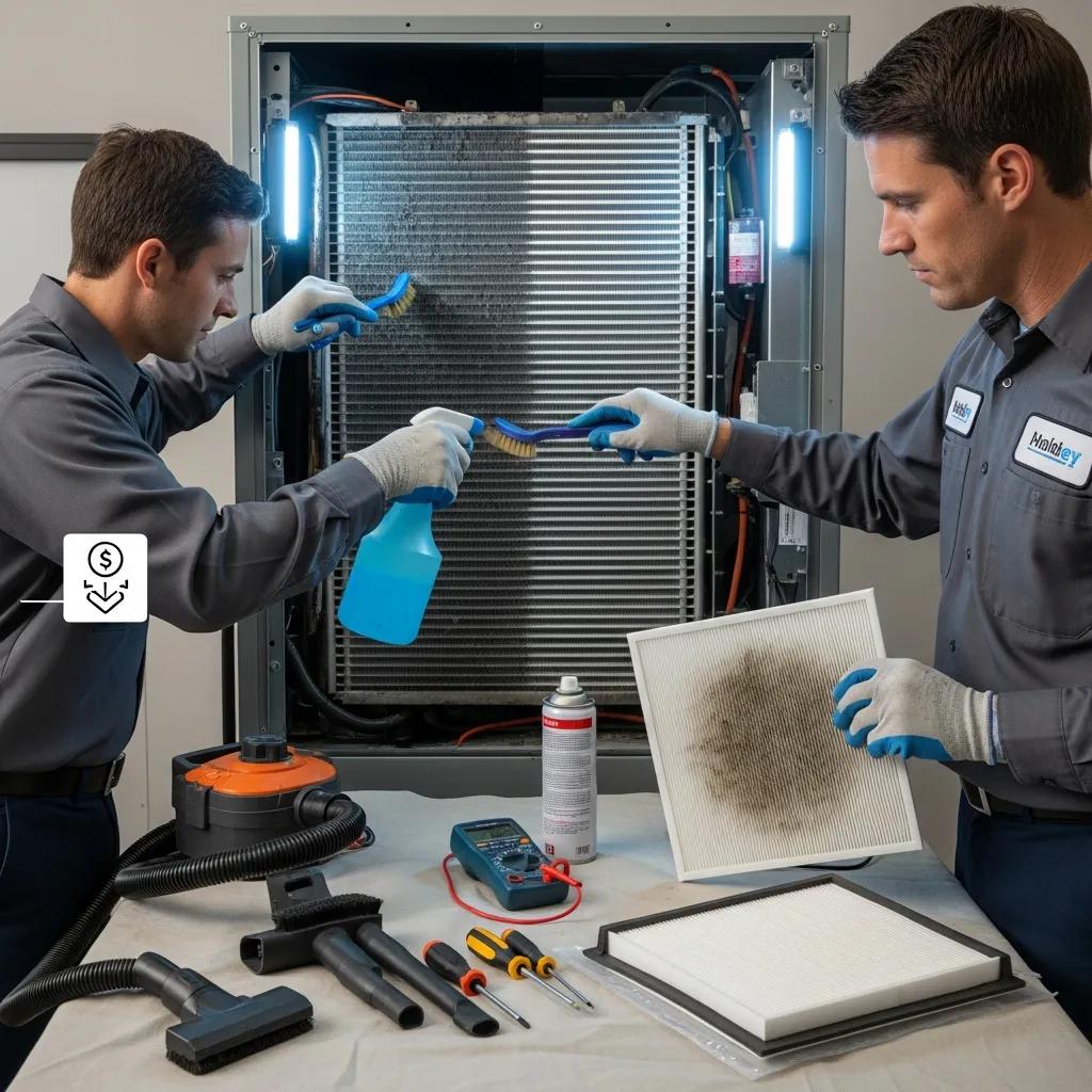 Top Energy Saving Tips for Your HVAC System 2 HVAC technician performing seasonal service to improve system energy efficiency