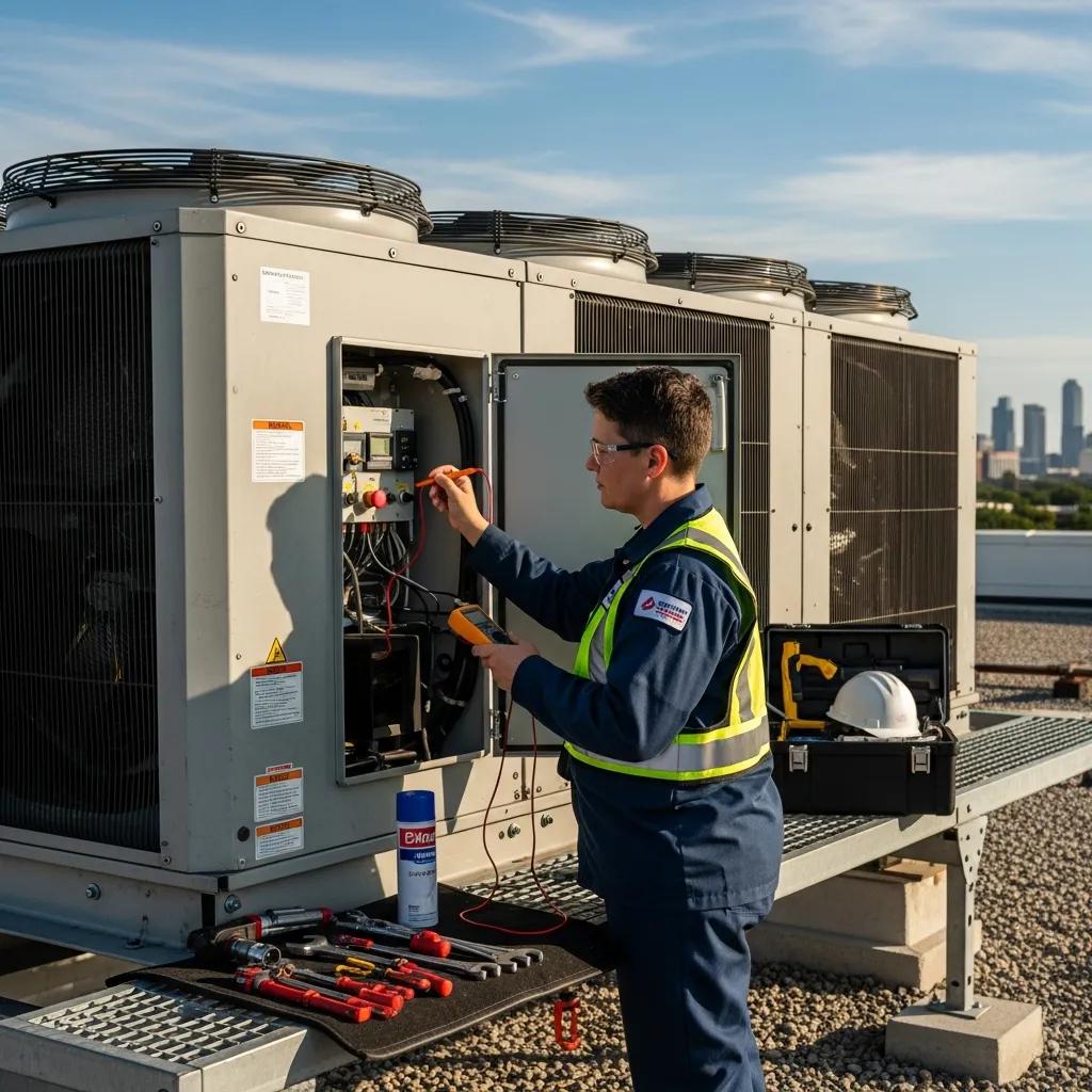 HVAC Blog 1 Commercial HVAC technician performing maintenance on HVAC unit in a business environment