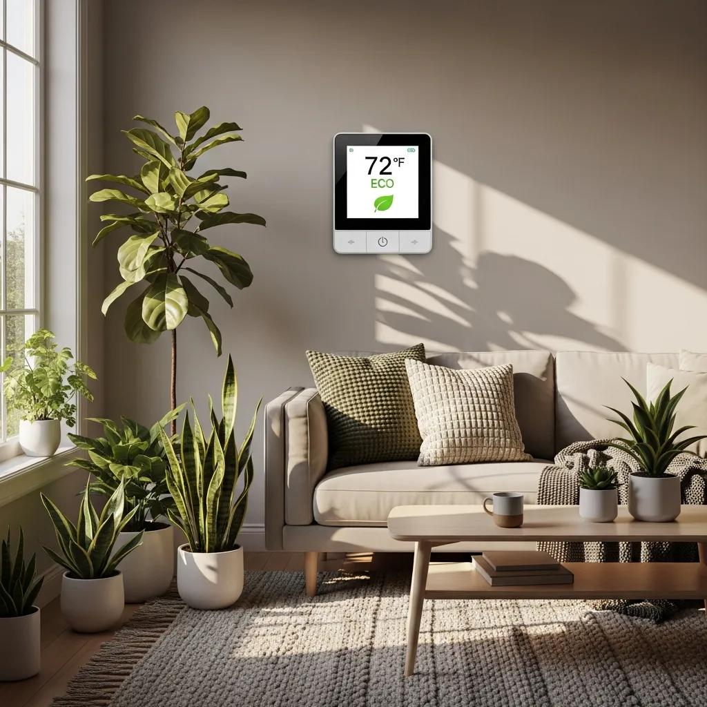 Prepare Your AC for Summer: Spring Tune-Up Guide 3 Modern living room featuring a programmable thermostat for energy-efficient cooling