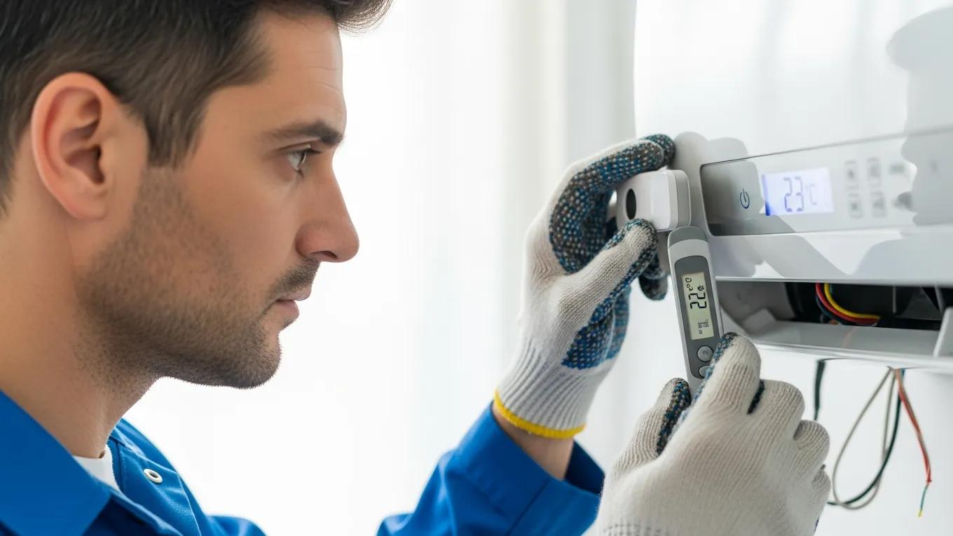 Why Is My AC Not Cooling? Troubleshooting Guide 2 Technician checking thermostat settings on an air conditioning unit